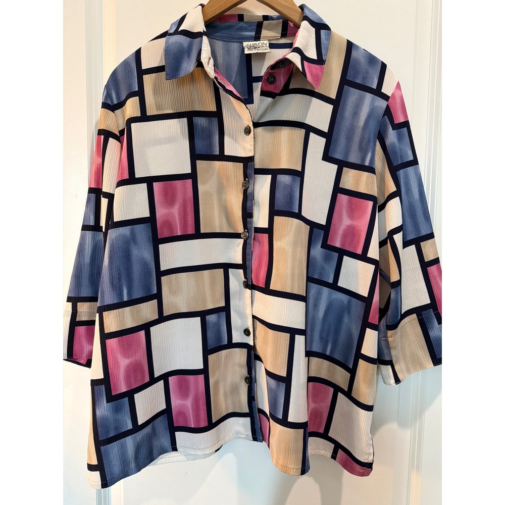 Vintage Allison Daley Petites Geo Block Print Button Down Shirt 14P Grannycore
